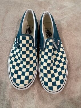 Vans Checkerboard Slip-On Sneakers - Teal & Cream Size 11